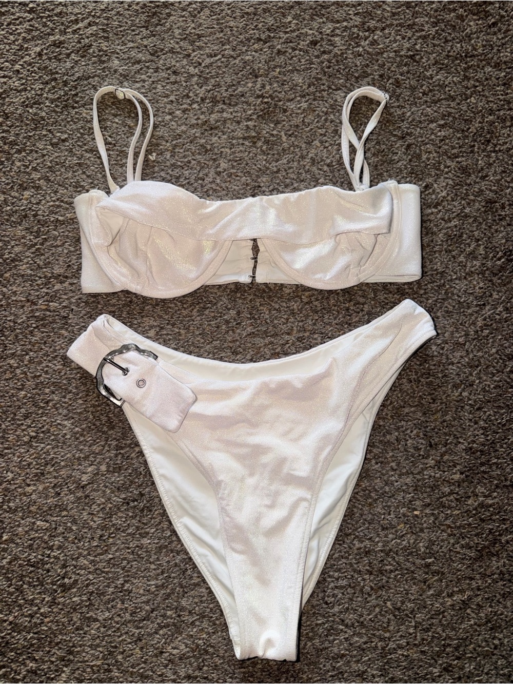 Revel Rey White Iridescent Underwire Bikini with Silver Buckle